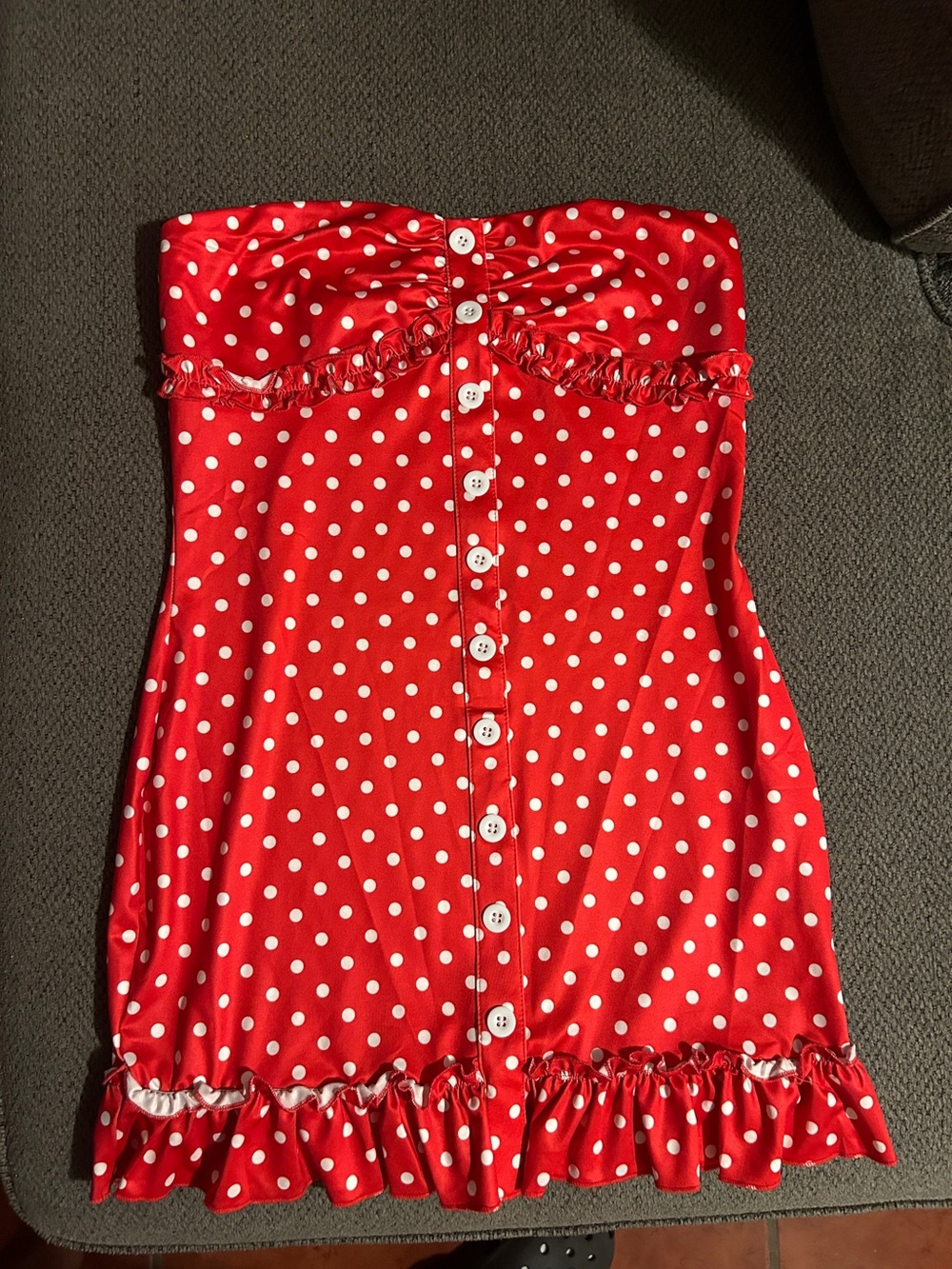 SHEIN Red & White Polka Dot Strapless Ruffle Button Dress
